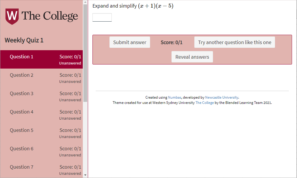 A screenshot of The College theme applied to a Numbas Exam. The College logo is visible and the western sydney university colours are used without sacrificing the accessibility.