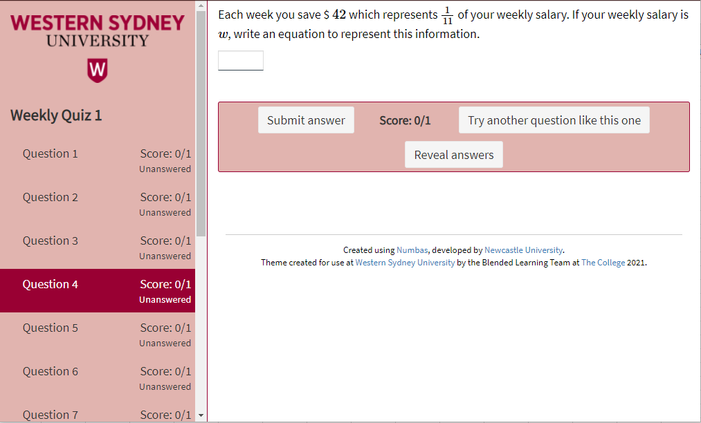 A screenshot of The Western Sydney University theme applied to a Numbas Exam. The Western logo is visible and the western sydney university colours are used without sacrificing the accessibility.